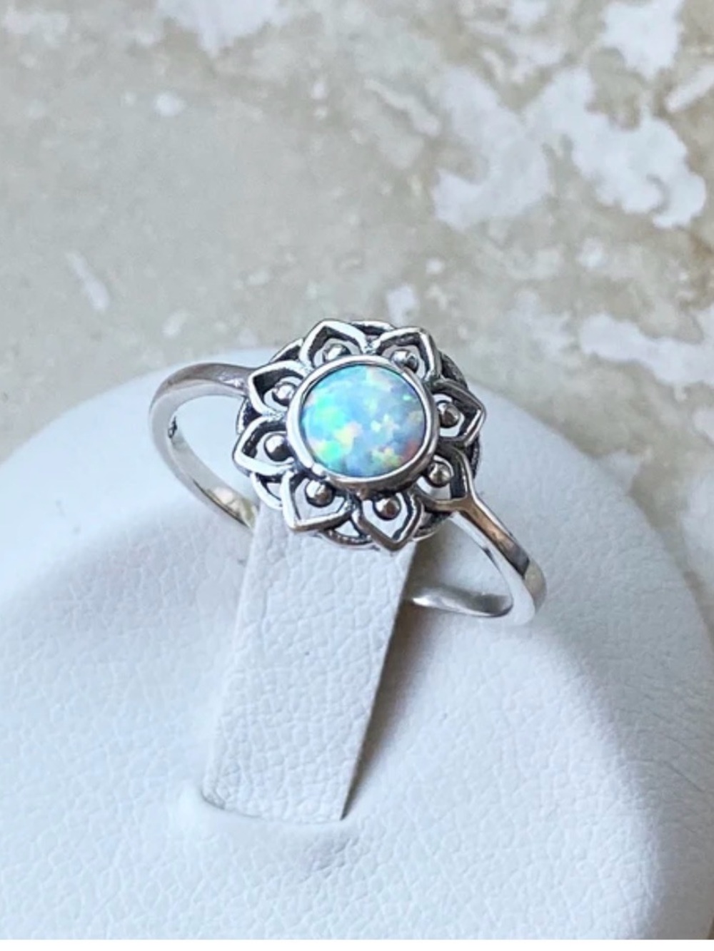 White Gold Plated Floral Halo Ring with Opal Center. New. - Picture 8 of 11